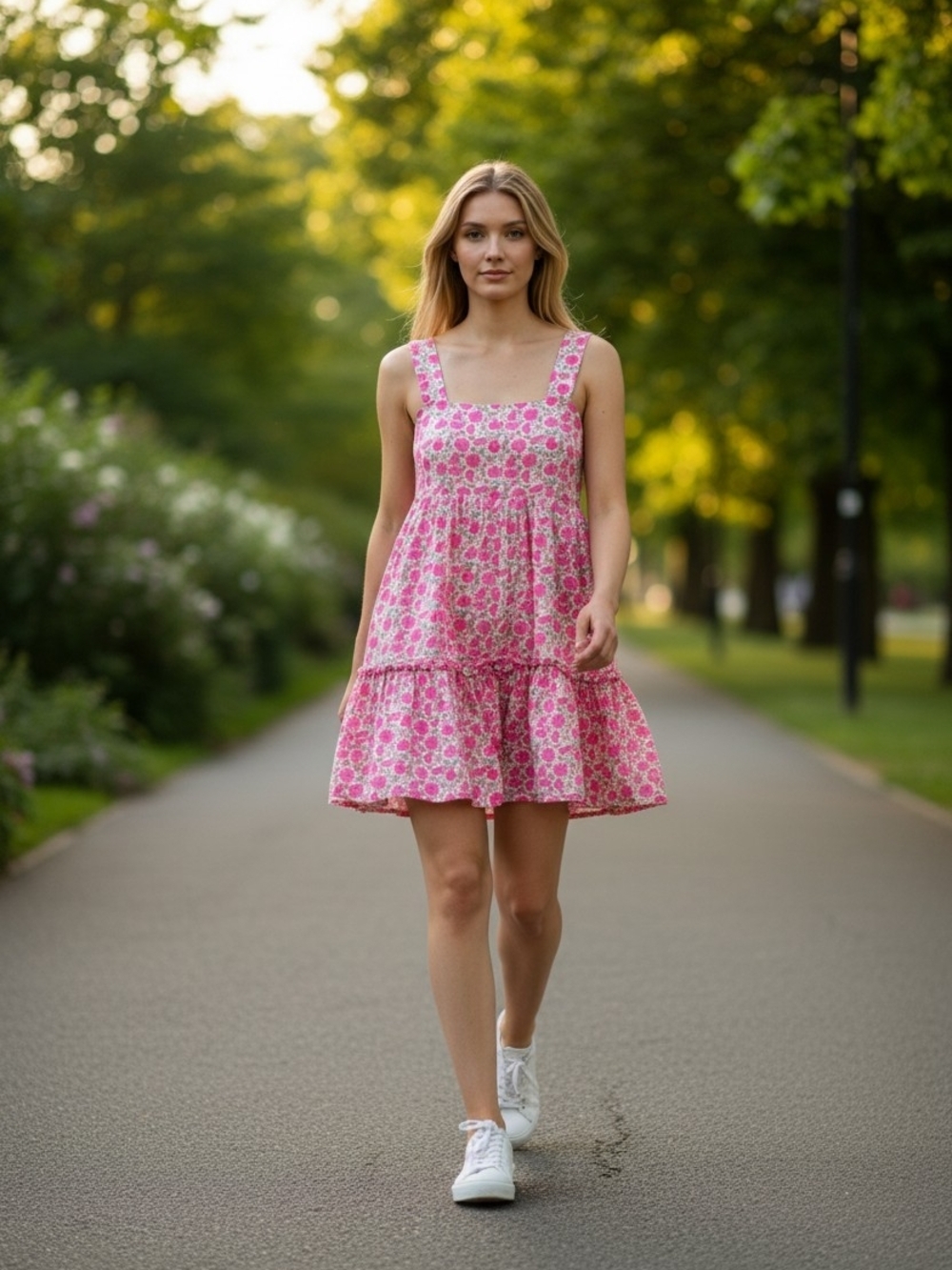 NATURAL LIFE Anna Pink Floral Tiered Square-Neck Mini Dress Size S
